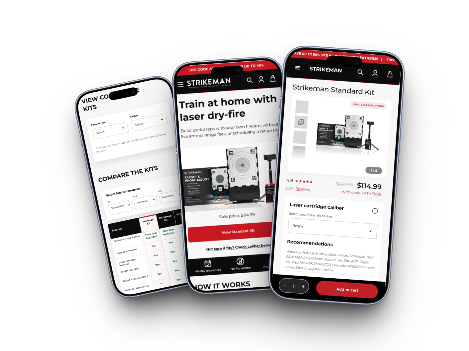 Three mobile screens from the redesigned Strikeman website