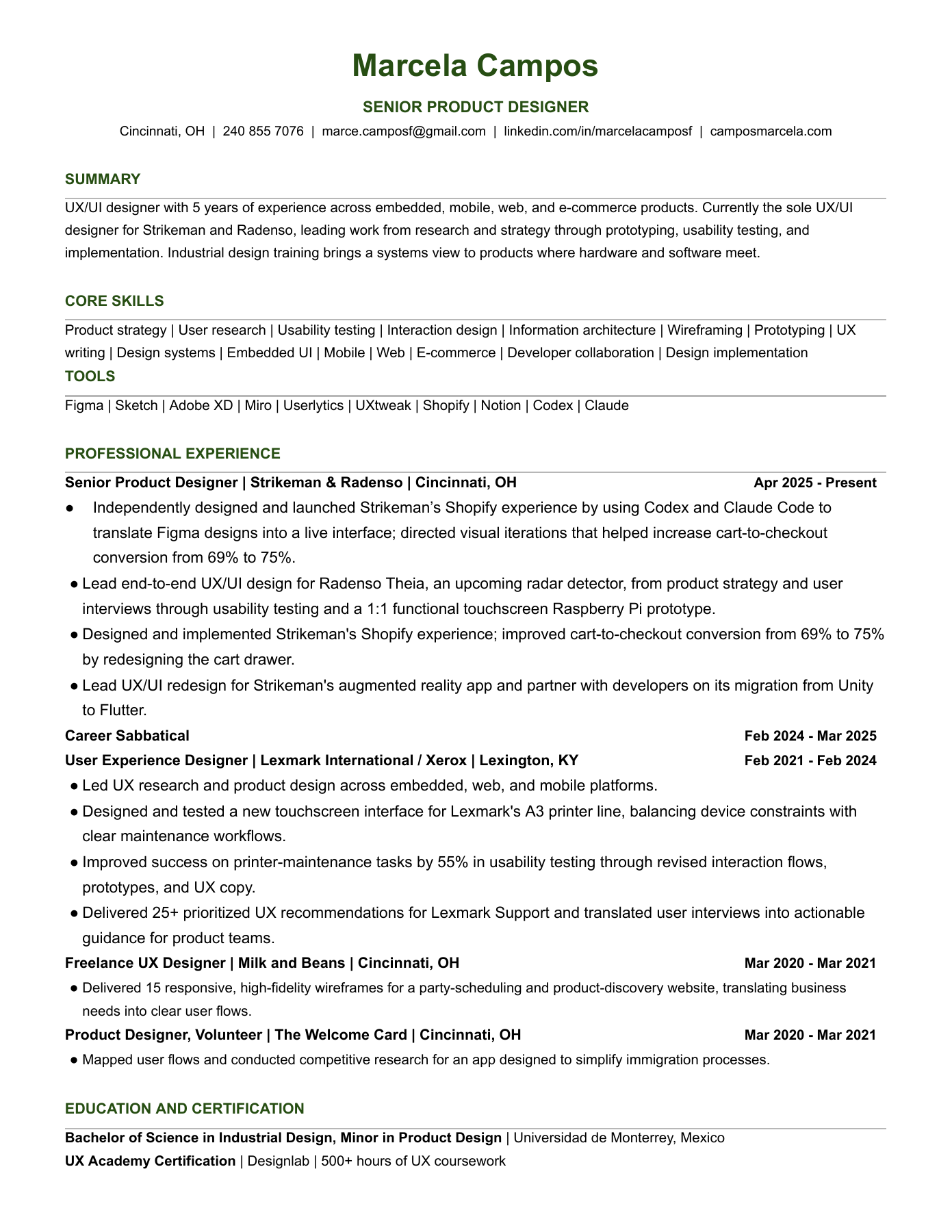 Marcela Campos, Senior Product Designer résumé. Use Download résumé PDF for the accessible text version.
