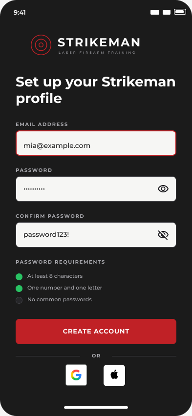 Create account wireframe