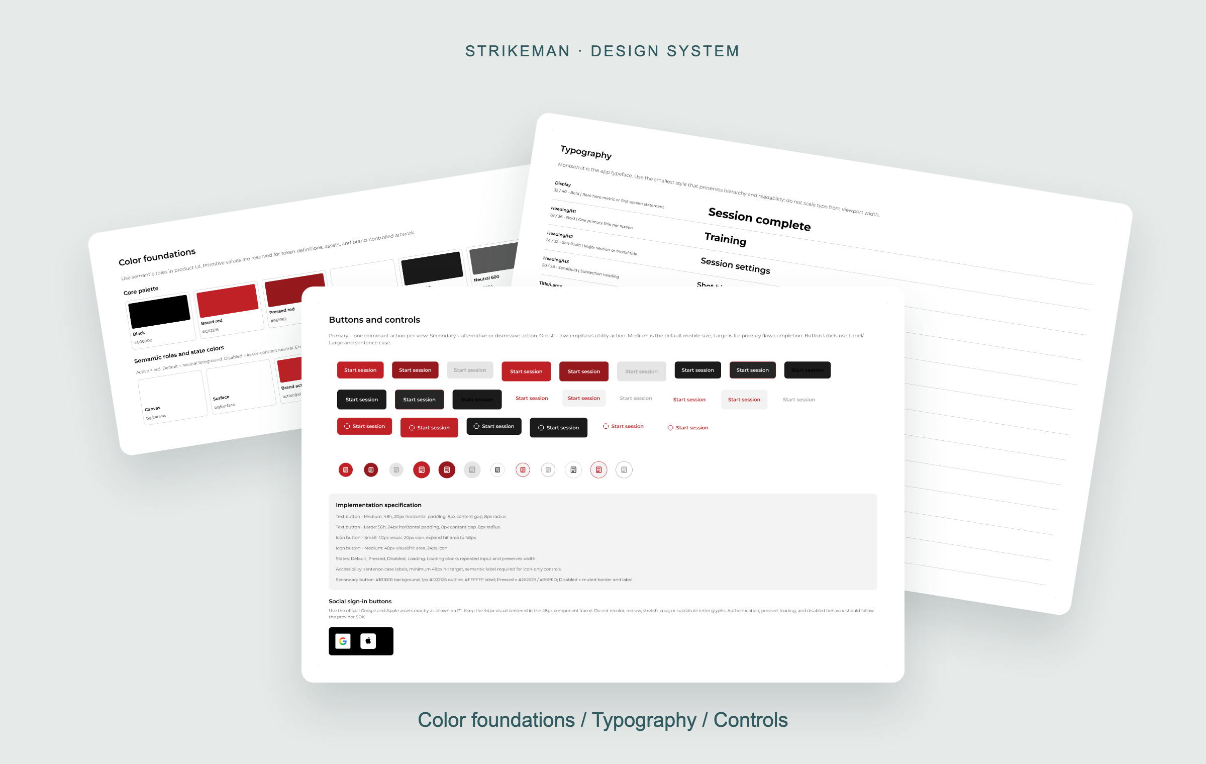 Centered, overlapping previews of the Strikeman color foundations, typography, and button system