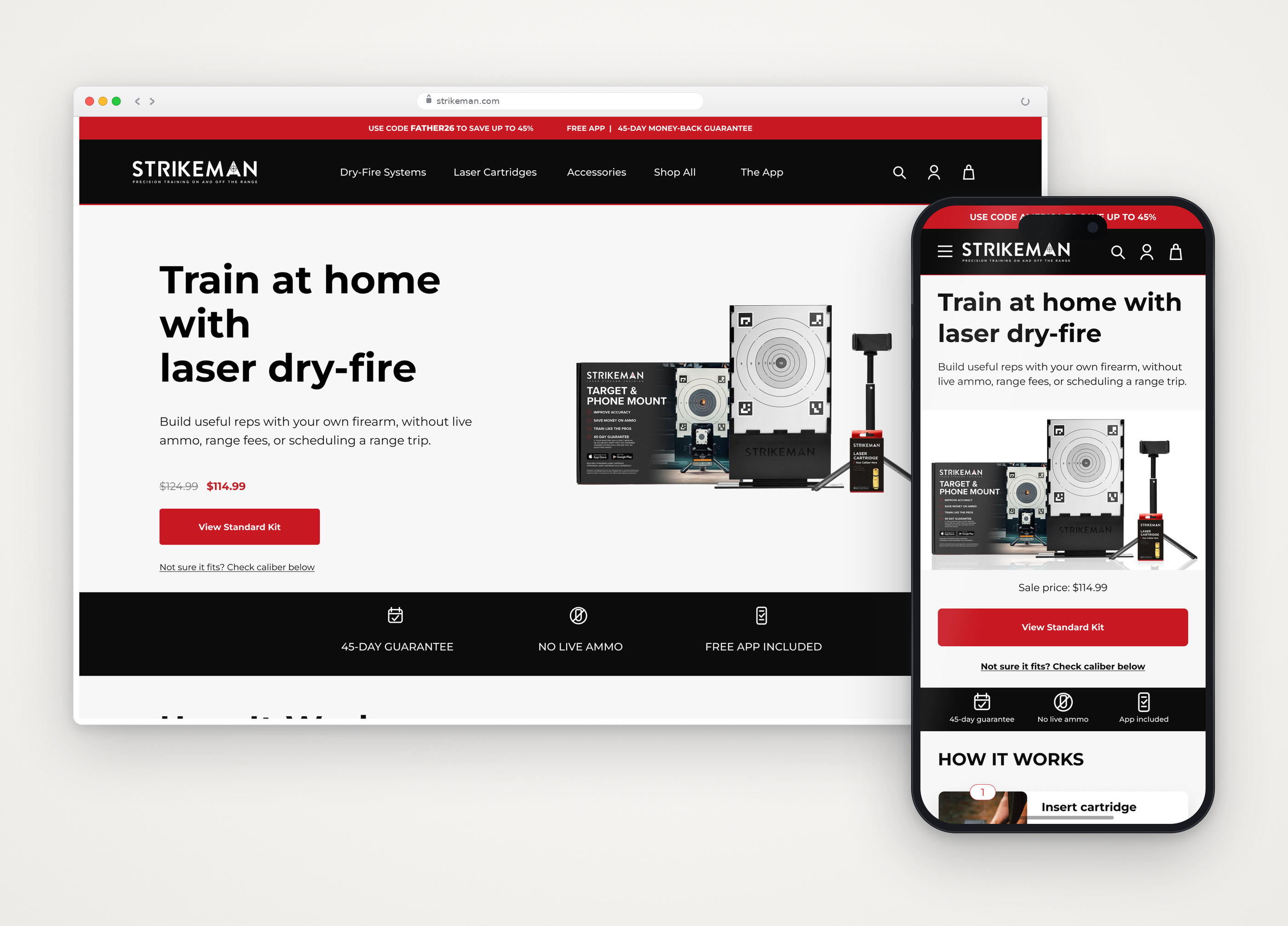 Responsive Strikeman website redesign shown on desktop and mobile
