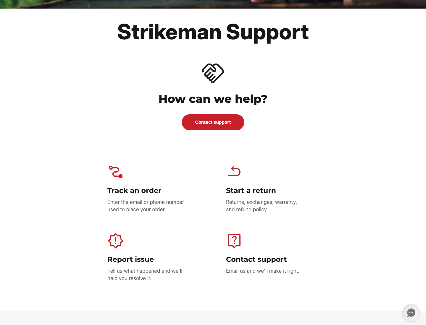 Current Strikeman Support Hub with direct contact, order tracking, returns, and issue reporting