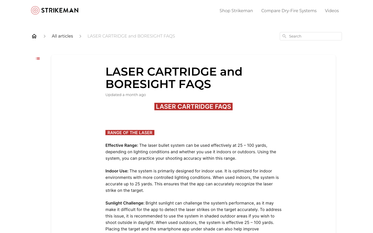 Archived March 2026 Strikeman laser cartridge FAQ article in the separate help center